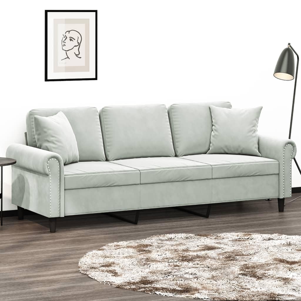 vidaXL Contemporary 3-Seater Sofa with Throw Pillows in Light Gray Velvet Fabric and Metal Frame – Living Room, Lounge, Office Seating